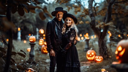 Obraz premium happy couple standing in graveyard with jack o lanterns