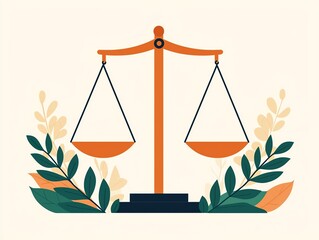 A colorful illustration of a balanced scale surrounded by leaves, symbolizing justice, fairness, and legal representation.