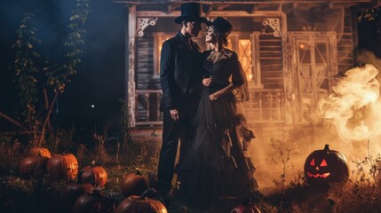 two people in the night hallowen with smoked and pumpkins