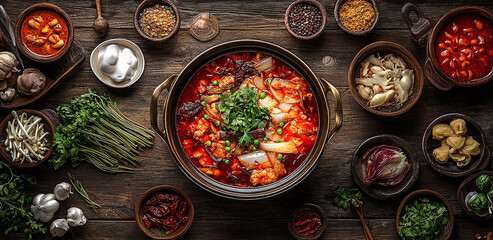 An overhead shot of a traditional Sichuan hot pot arranged on a rustic wooden table, showcasing the vibrant ingredients and rich culinary tradition.