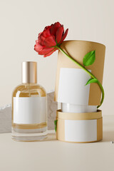 Luxe perfume with box and rose on a light background, 3d render