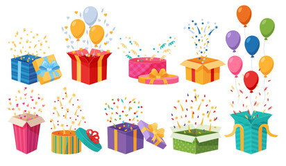 Surprise boxes with confetti. Sudden joy. Birthday celebration. Holiday gifts in decorative wrappers. Prize opening. Festive balloons. Anniversary party elements. Recent vector set