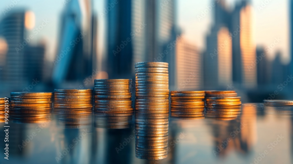 Aufkleber double exposure of a city skyline merging with a stack of coins, representing the intersection of ur