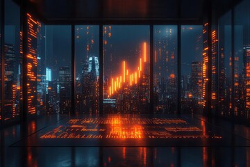 holographic stock market data floating in a sleek minimalist office space with glowing charts and graphs rising against a backdrop of city lights