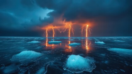 Fototapeta premium Lightning storm over a frozen tundra with bolts reflecting off the ice