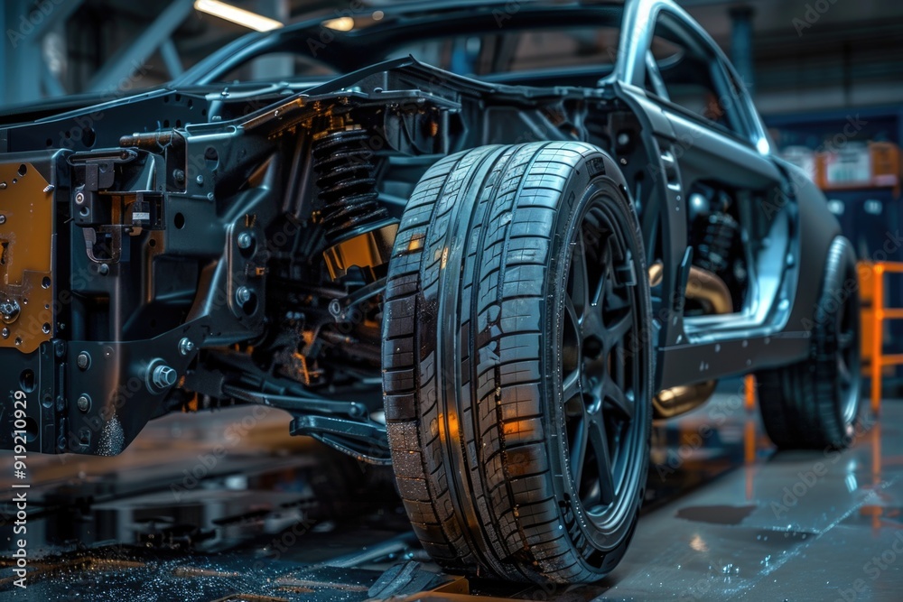 Poster A close-up shot of a car on an assembly line in a factory