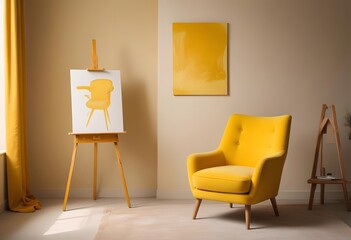 Fototapeta premium A yellow armchair with wooden legs in a minimalist interior setting