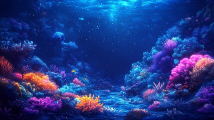 Vibrant Coral Reef Under Moonlight in a Deep Blue Ocean
