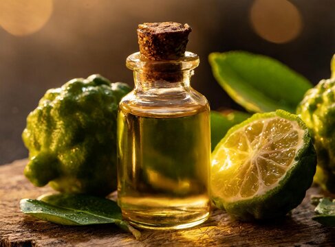 Bottle of bergamot essential oil is standing on a rustic wooden table.