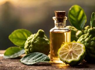 Bottle of bergamot essential oil is standing on a rustic wooden table.