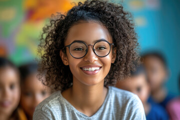 Cheerful young student girl laughs joyfully in a diverse elementary school classroom. Surrounded by classmates engaged in learning together