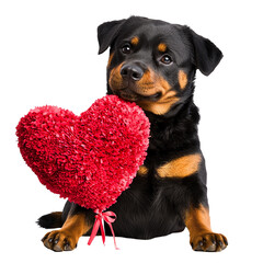 Obraz premium A charming dog poses with a heart-shaped cushion, symbolizing love and companionship, perfect for pet and Valentine's Day themes.