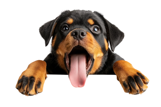 Playful Rottweiler puppy with a cheerful expression, showcasing its adorable features and bright personality.