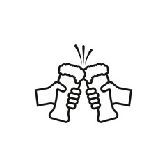 Hands holding beer glasses. Clink, cheers and toasting. Outline vector icon on white background. 
