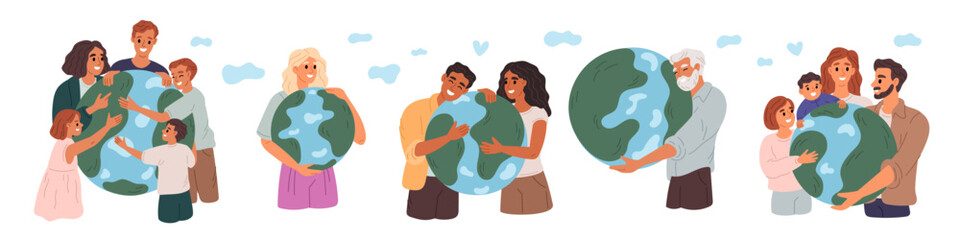 People hug planet. Family embrace Earth. Happy couple with green globe. Men and women with children taking care of nature. Ecology activists. Environment conservation. Garish vector set