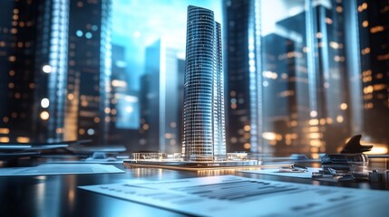 miniature 3D render of sleek skyscraper on table amidst real estate documents and futuristic business settings