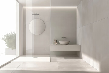 The bathroom has a modern design with clean lines, natural light, and minimalist fixtures, creating a serene and spacious relaxation environment