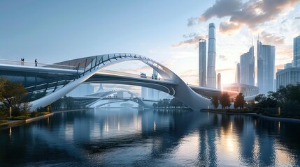 Obraz premium Panoramic view of futuristic geometric shapes design empty floor with city skyline . Sunset scene. AI generated illustration