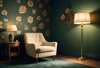 A white tufted armchair in a dimly lit room with green walls, a wooden side table, and two table lamps with white shades