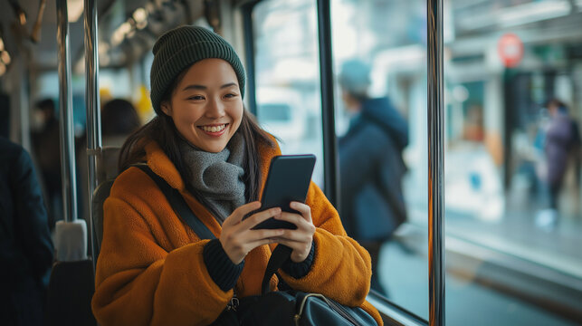 Happy commuter using smartphone on public transport, enjoying connectivity during commute, cheerful passenger engaged with mobile technology, positive travel experience


