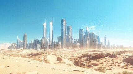 Dubai skyline in desert at sunset. AI generated illustration
