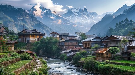 A tranquil morning in a rural village, misty mountains embrace traditional wooden houses amidst vibrant green fields. AI generated illustration