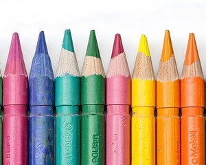 Colorful crayons lined up in a row showing vibrant hues. Ideal for art, creativity, and education-related concepts.
