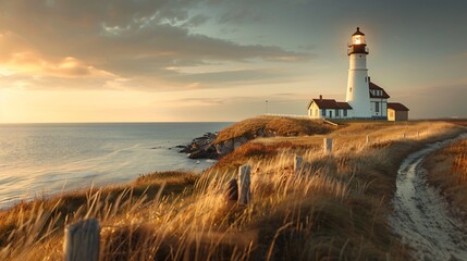 Lighthouse on a Cliffside at Sunset