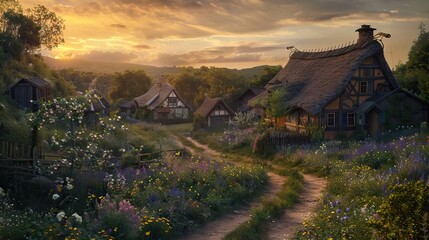 Mountain valley with beautiful house and church at sunset in autumn. Landscape with buildings, high rocks, colorful sky, clouds, sunlight. AI generated illustration