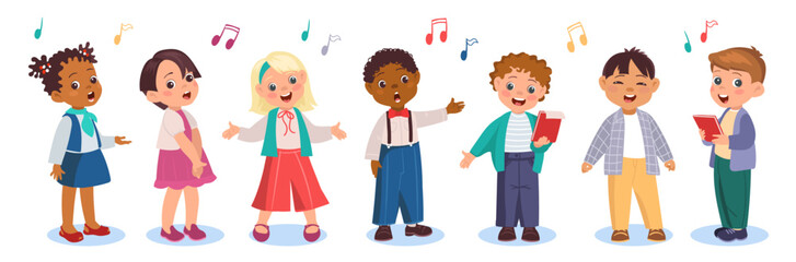 Kids singers in choir. Cute children sing song. Little artists concert. Funny choristers and vocalists. Boys and girls with music notes sheets. Musical performance. Splendid vector set