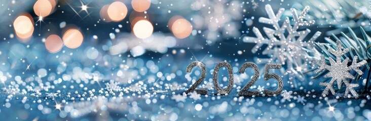 New Year 2025 Celebration With Snowflakes and Sparkling Decorations