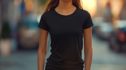 Female Model Wearing Black T-Shirt in Urban Street at Sunset for Mockup