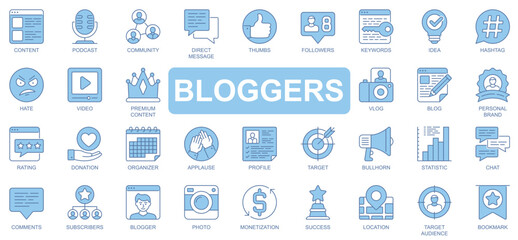Bloggers icons set in duotone outline stroke design for web. Pack pictograms of content, podcast, community, direct message, thumbs, follower, keyword, idea, hashtag, hate, other. Vector illustration.