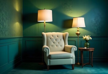 A white tufted armchair in a dimly lit room with green walls, a wooden side table, and two table lamps with white shades