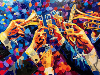 A painting of people holding glasses and a trombone. The painting is of a group of people celebrating a special occasion