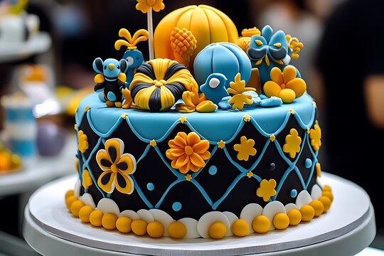 Whimsical cake decorated with fondant figures and intricate details, birthday celebration, themed cake, custom design, party centerpiece, sugary masterpiece,