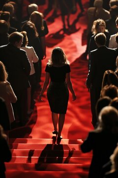 Fototapeta A woman walks down a red carpet in front of a crowd of people. Concept of excitement and anticipation, as the woman is likely about to make a big announcement or perform at an event