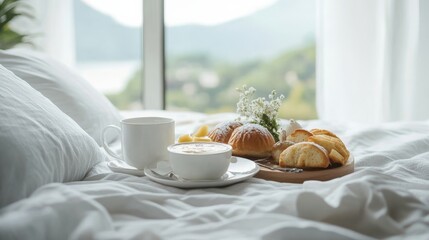 Elegant breakfast setup on a hotel bed with a beautiful morning view