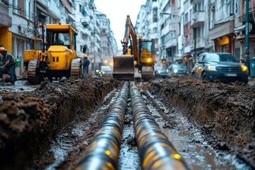 intense construction site with workers laying fiber optic cables heavy machinery digging trenches urban setting with buildings in background emphasizing technological progress