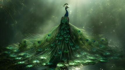 Stunning photograph capturing a peacock displaying its vibrant colored feathers in the middle of a lush forest, showcasing the bird natural beauty and the surrounding greenery © dragomirescu