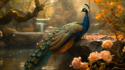 Stunning photograph capturing a peacock displaying its vibrant colored feathers in the middle of a lush forest, showcasing the bird natural beauty and the surrounding greenery