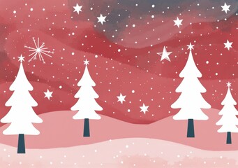 Snowy Winter Landscape With Pine Trees and Starry Sky at Dusk