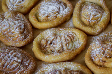 Mongolian National Bakery Boov with Ornament Close-up. Baked Cookies with Powdered Sugar