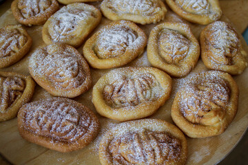 Mongolian National Bakery Boov with Ornament Close-up. Baked Cookies with Powdered Sugar