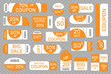 Coupon promotion templates. Discount and sale tickets. Paper gift voucher with perforation and barcode. Special offers. Hot price certificate. Different shapes. Promo labels vector set