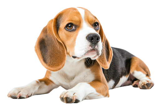 A playful beagle dog lying down, showcasing its adorable expression and distinctive brown and white fur.