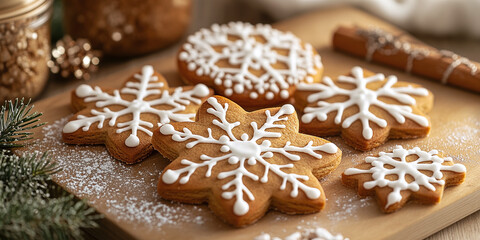 Festive and Holiday Themes: Frosted gingerbread cookies decorated with royal icing in festive shapes. Perfect for holiday baking promotions and seasonal cards