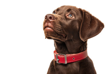 A charming chocolate Labrador retriever with a stylish red collar, looking up with curiosity and warmth. Perfect for dog lovers.