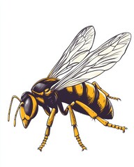 Detailed Vector Illustration of a Yellow and Black Wasp with Transparent Wings on a White Background