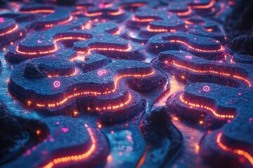 intricate maze of brainshaped pathways filled with vibrant neon puzzles and floating symbols glowing synapses connect different sections creating a surreal cognitive landscape
